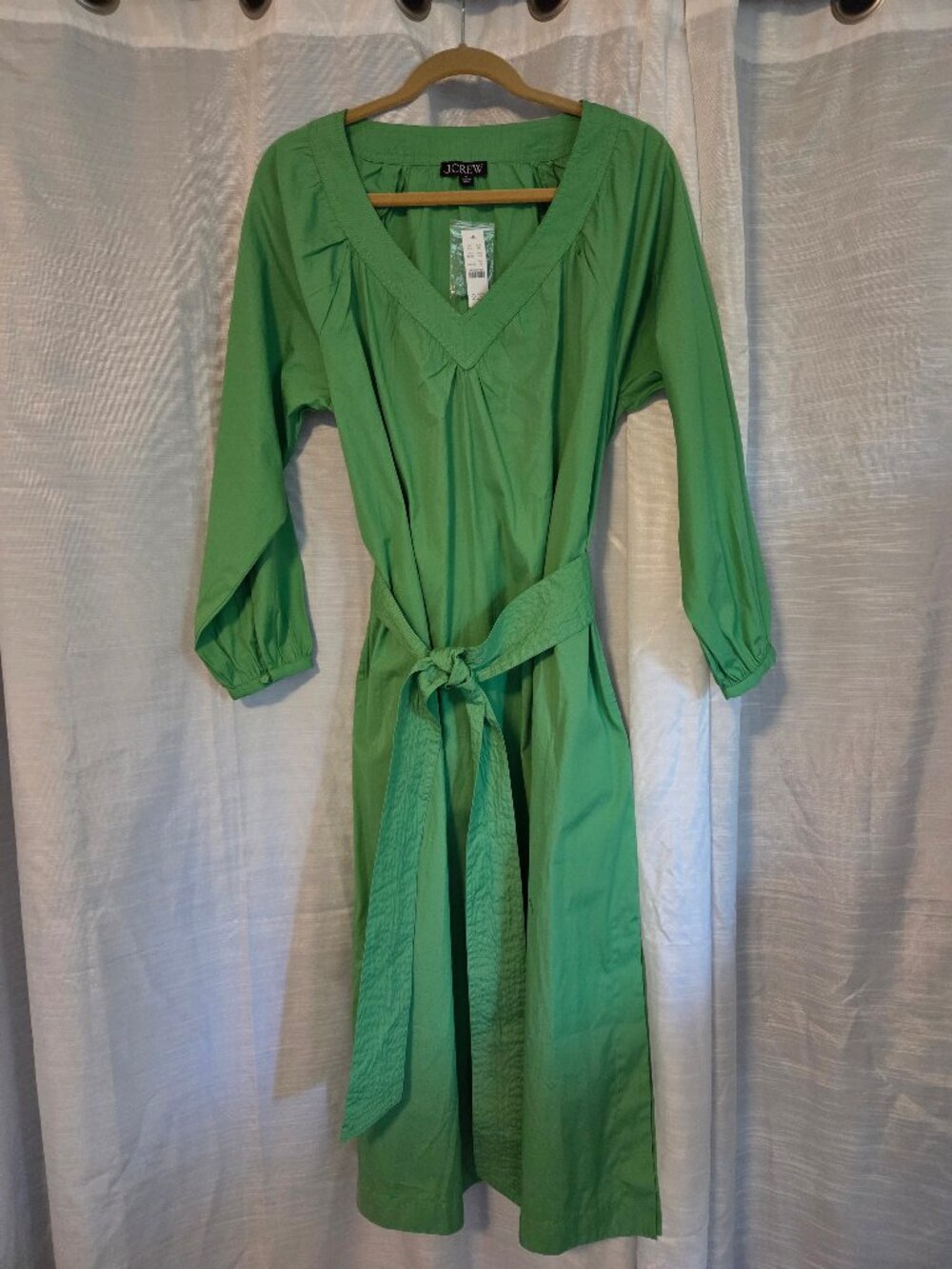J CREW Women’s Tie-Waist Lime Green Poplin Midi Dress V-Neck Size M